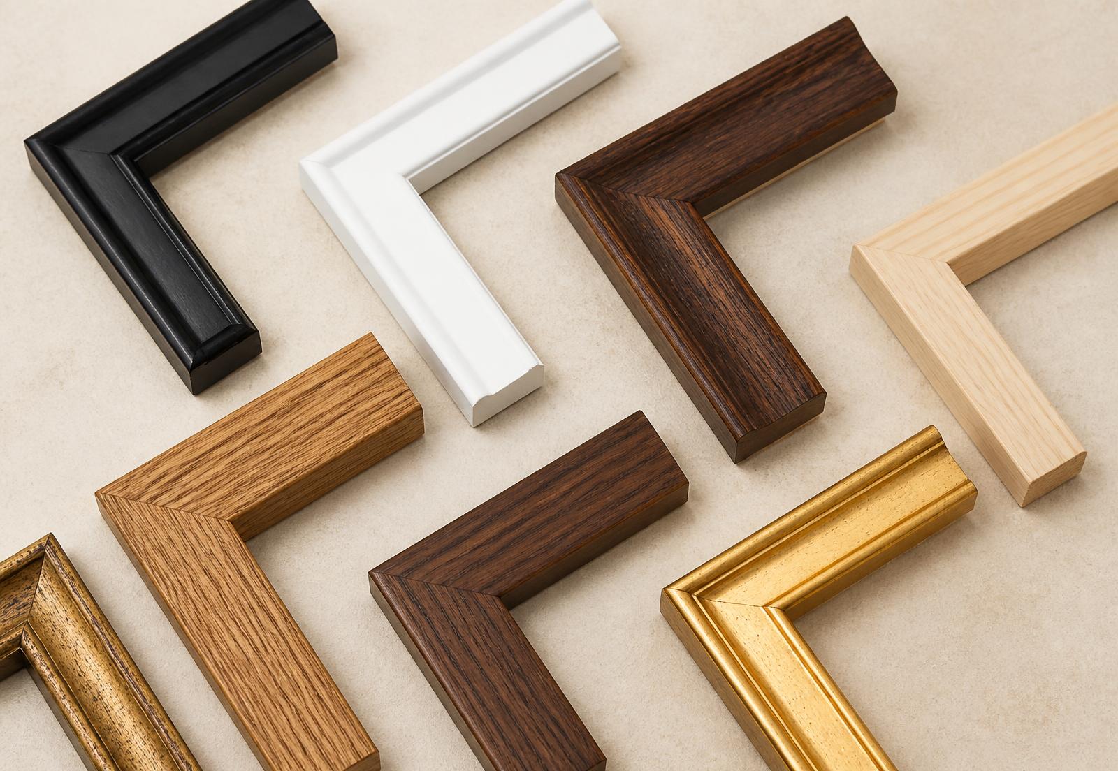 Frame corner samples in black, white, oak, walnut, maple and gold