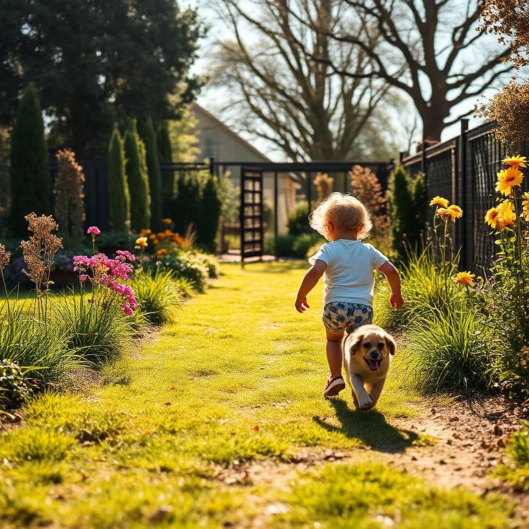 Toddler running through a garden with a puppy