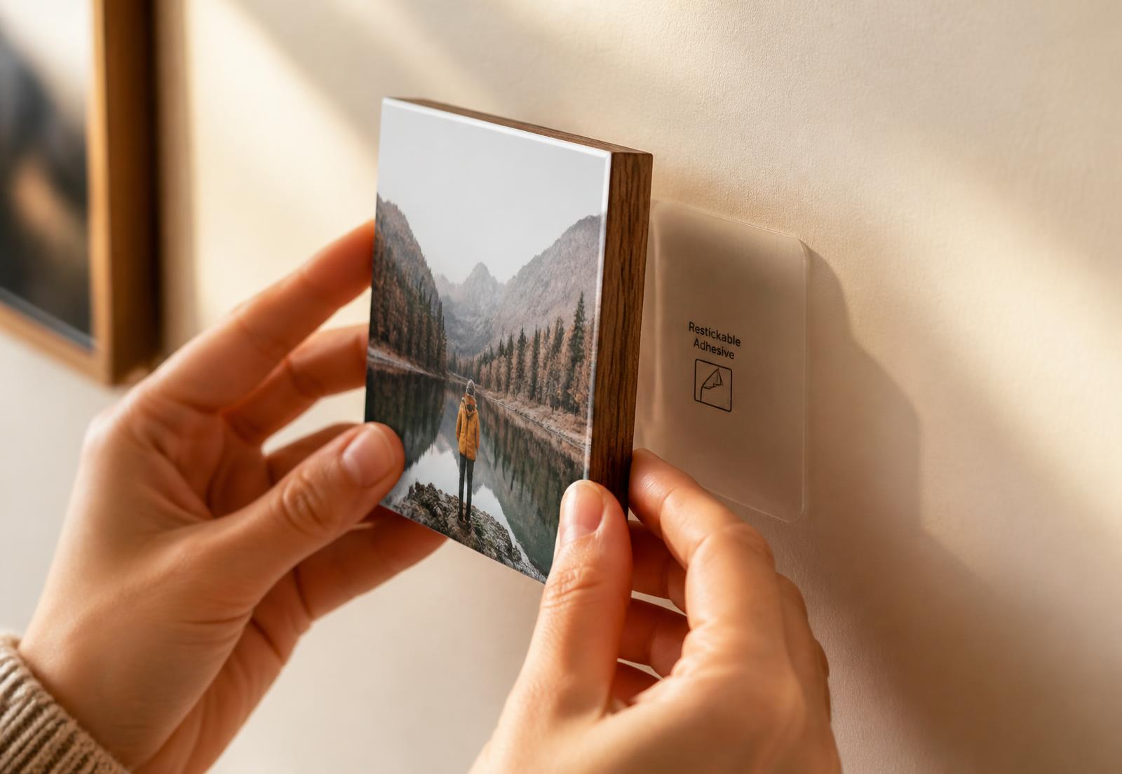 Hands sticking a framed photo tile onto a wall with restickable adhesive