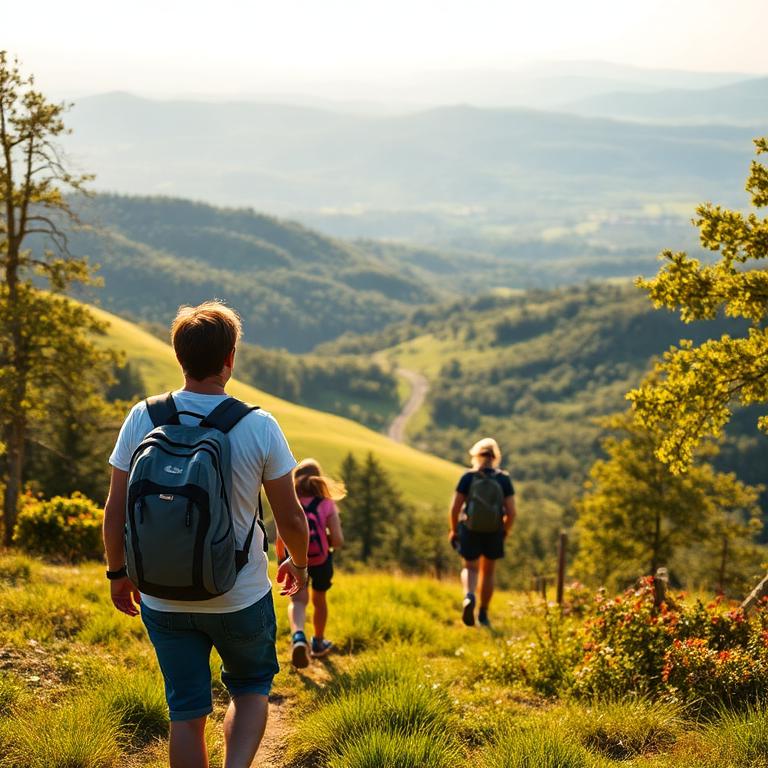 Family hiking on a green hillside