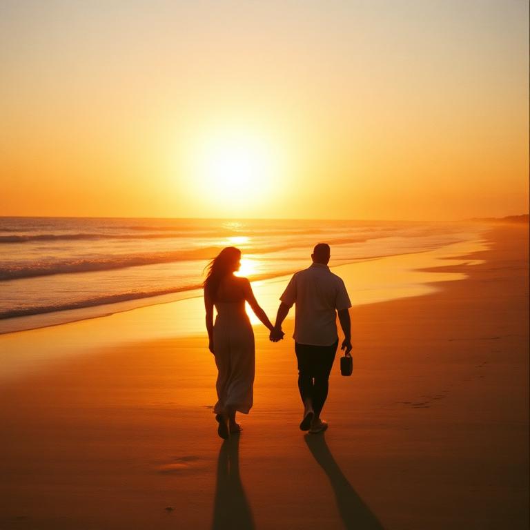 Couple walking on a beach at golden hour