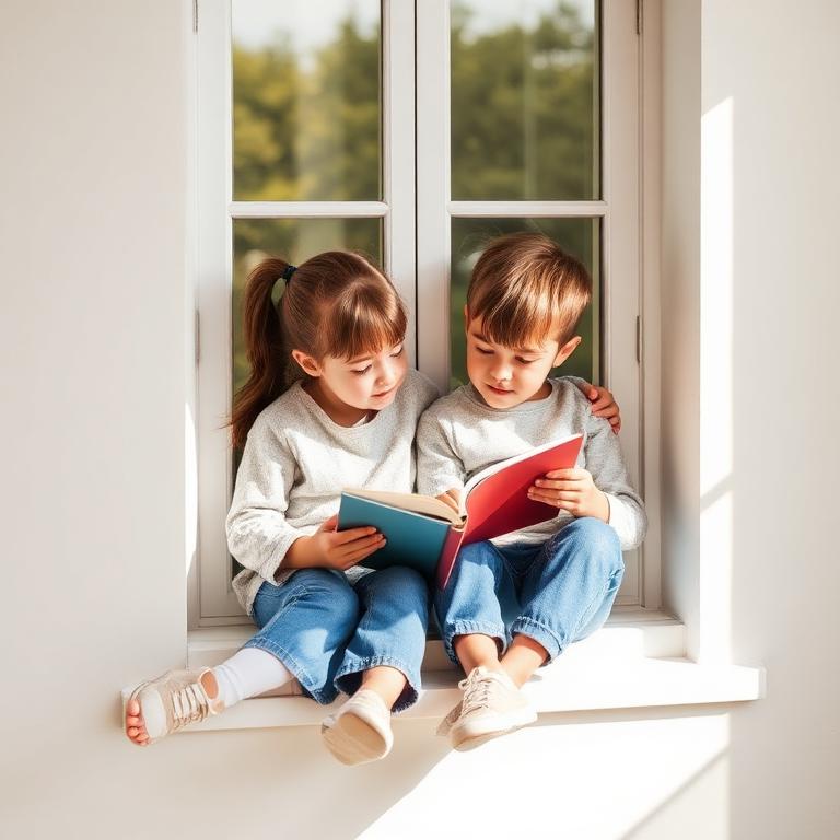 Two siblings reading on a windowsill