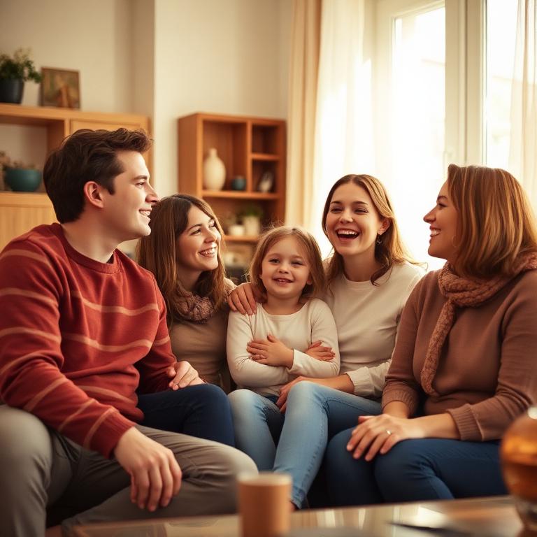 Family laughing together in a sunlit living room