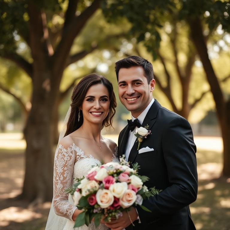 Wedding couple portrait under trees