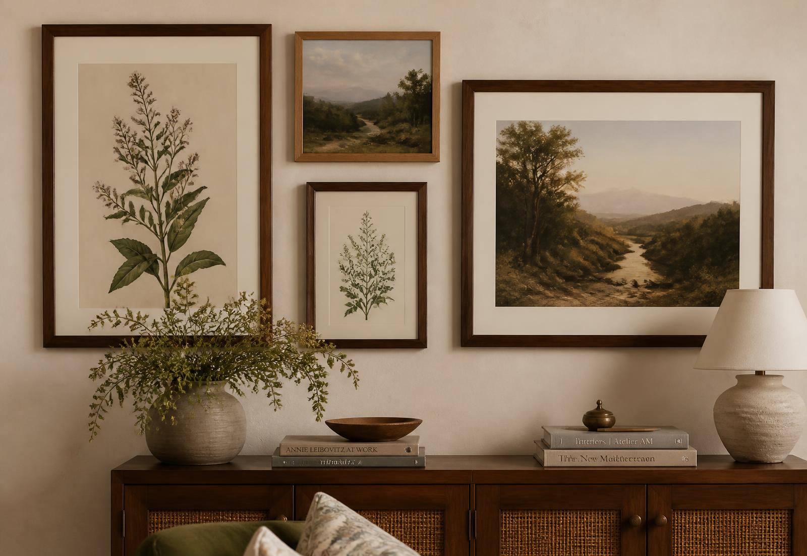 Framed botanical and landscape paintings in walnut frames above a sideboard