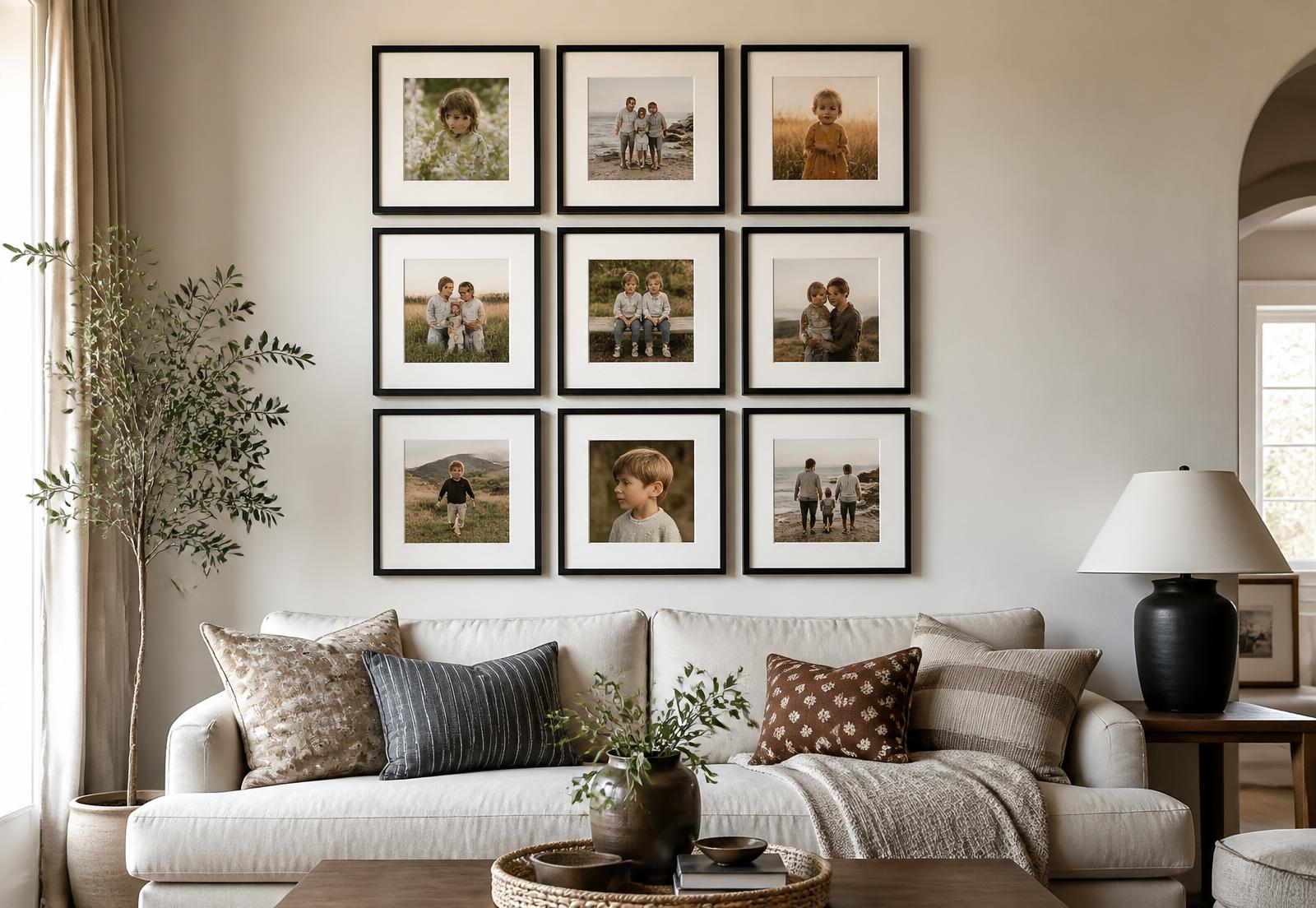 Nine framed family photos in black box frames arranged above a sofa
