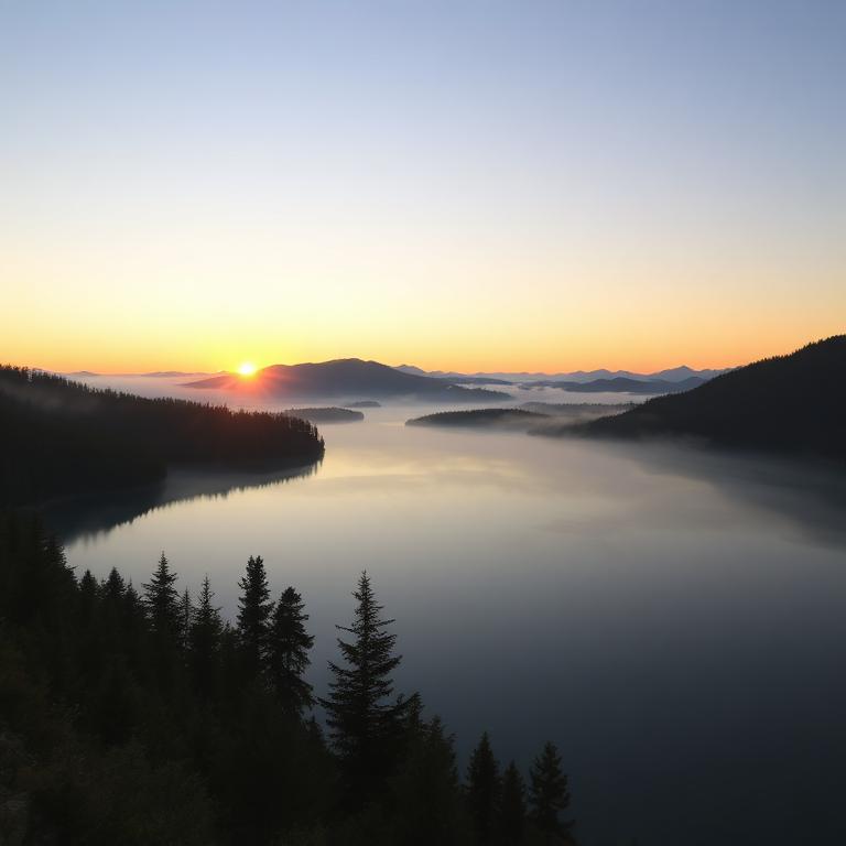 Misty mountain lake at sunrise