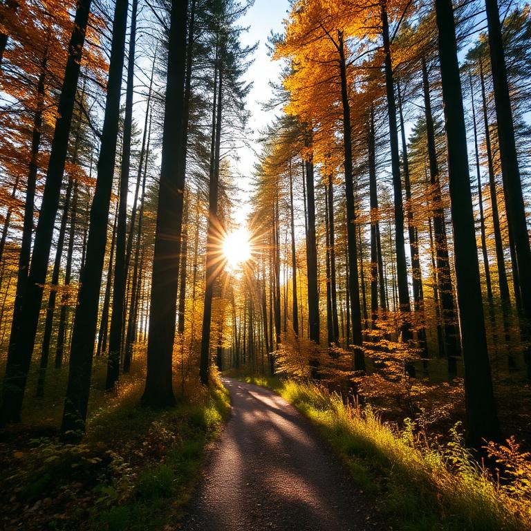 Sunlit forest path in autumn